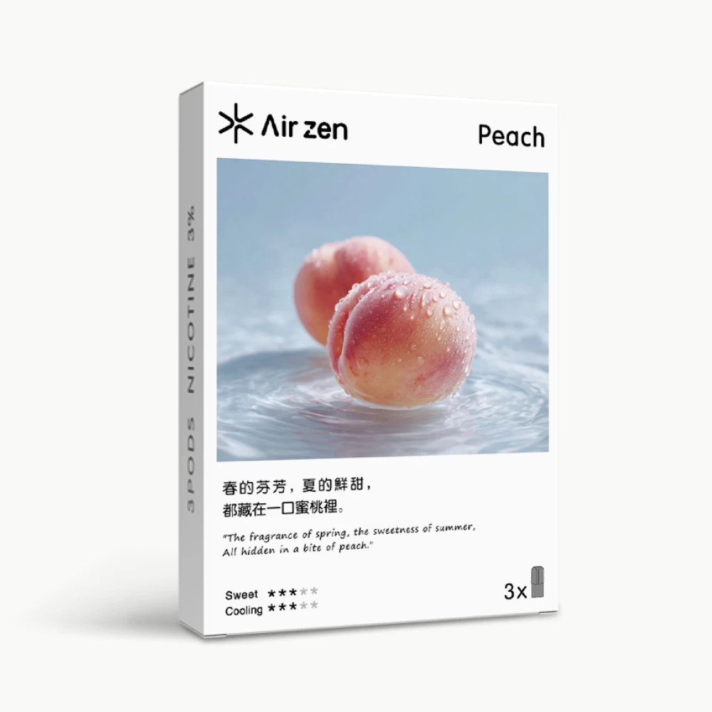 Airzen peach flavor pre-filled pods, 3 count per box, product packaging image.