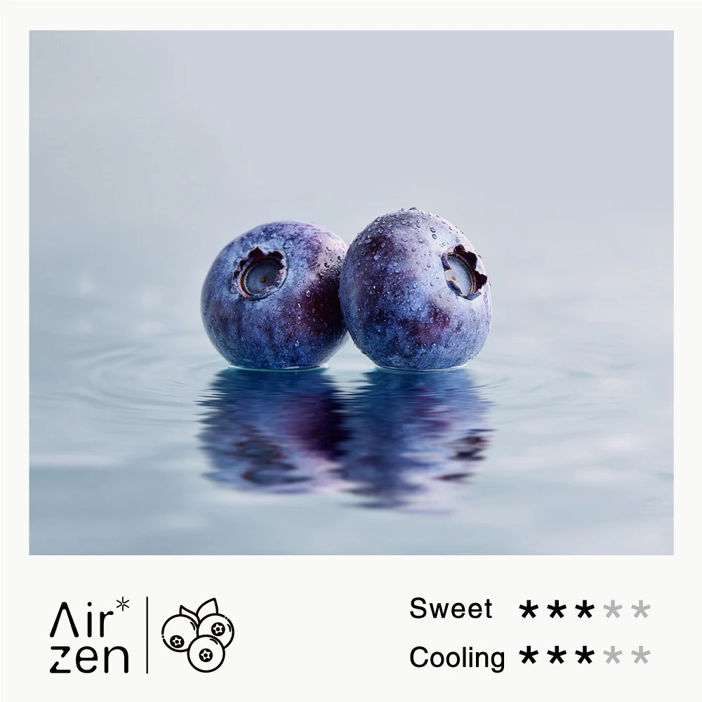 Airzen flavor concept: fresh blueberries on a water surface, showing sweet and cooling sensory ratings.