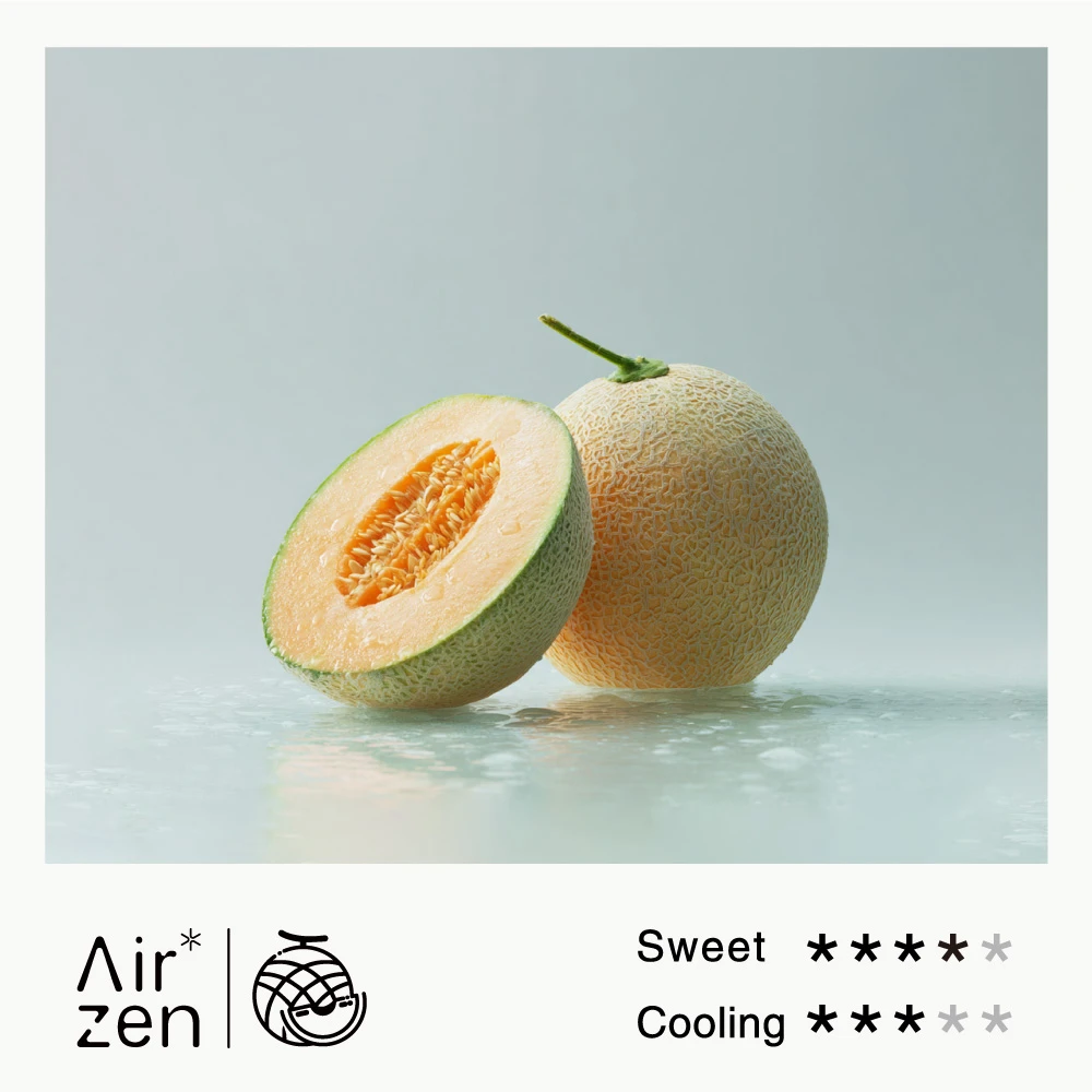 Airzen flavor concept: fresh cantaloupe melon, showing sweet and cooling sensory ratings.