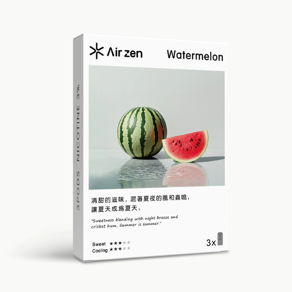 05 西瓜 Airzen watermelon flavor pre-filled pods, 3 count per box, product packaging image.