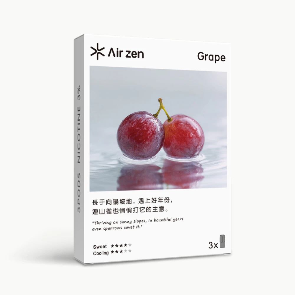 Airzen grape flavor pre-filled pods, 3 count per box, product packaging image.
