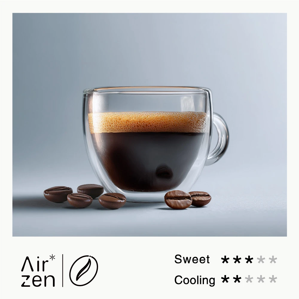 Airzen flavor concept: a glass of coffee with foam and coffee beans, showing sweet and cooling sensory ratings.