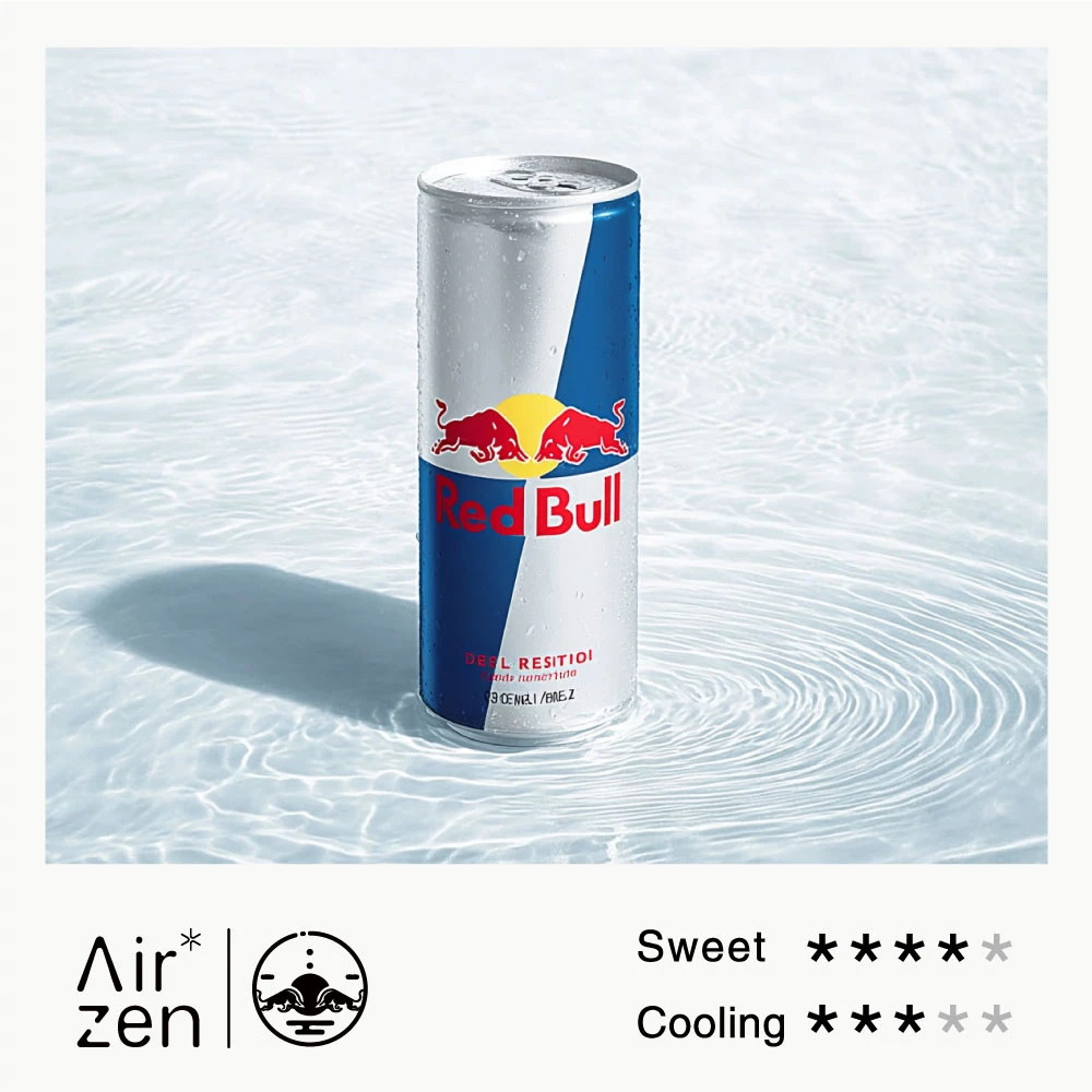 Airzen flavor concept: a can of energy drink on a water surface, showing sweet and cooling sensory ratings.