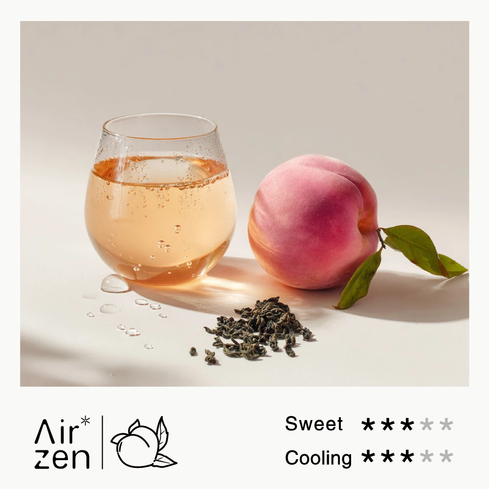 Airzen flavor concept: peach tea with a fresh peach and tea leaves, showing sweet and cooling sensory ratings.