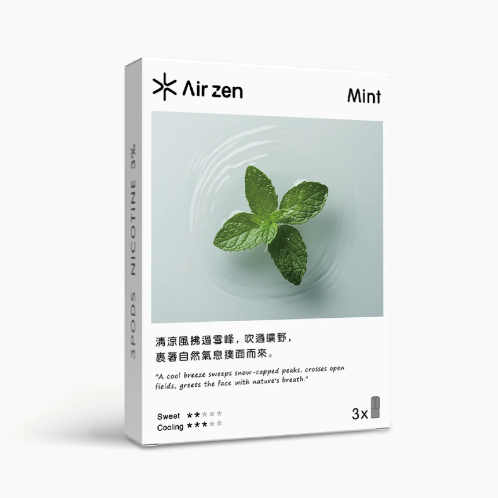 Airzen mint flavor pre-filled pods, 3 count per box, product packaging image.