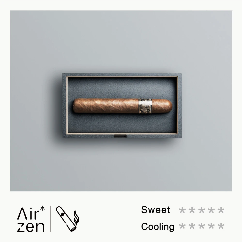 Airzen flavor concept: a premium cigar presented in a luxury display box, showing sweet and cooling sensory ratings.