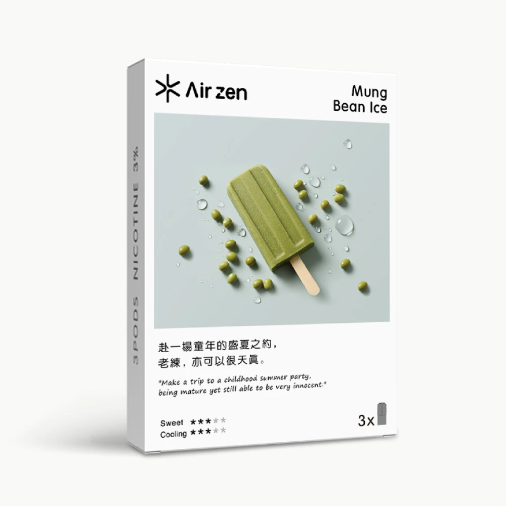 30 綠豆冰_(1) Airzen Mung Bean Ice flavor pre-filled pods, 3 count per box, product packaging image.