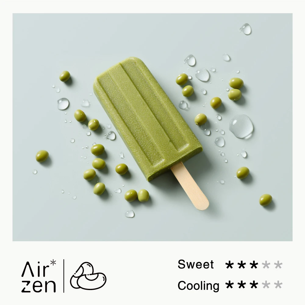 Airzen flavor concept: green popsicle with green beans, representing a refreshing taste profile.